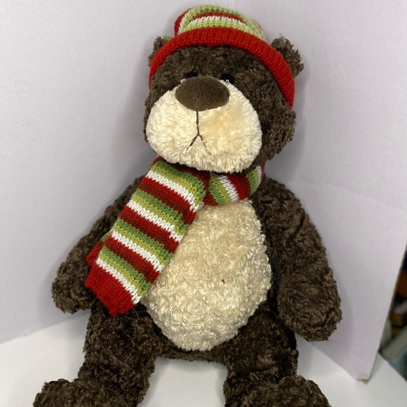 Eddie Bauer Gund Bear Plush Stuffed 15" Brown Tan Textured Hat Scarf Holiday VTG - Picture 2 of 9